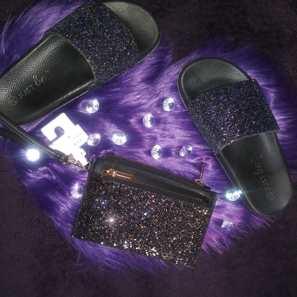 Black glitter slides and wristlet pouch
